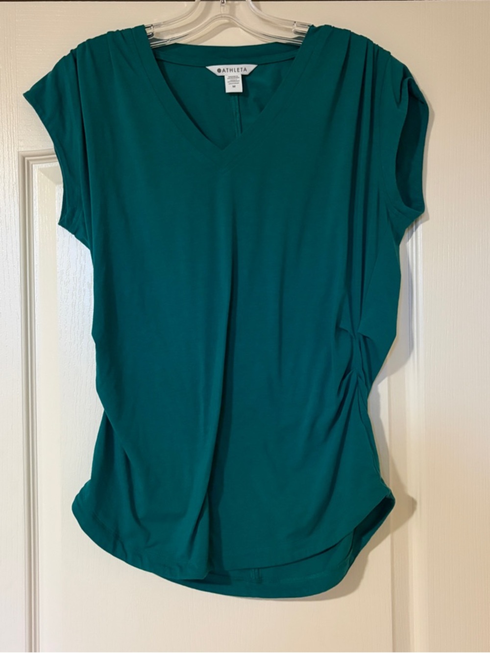 Athleta Teal V-Neck Cap Sleeve Top with Side Ruching